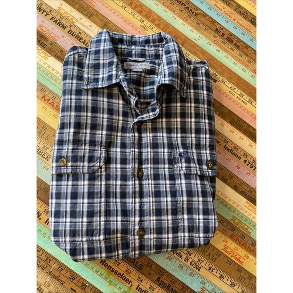 Carhartt Plaid Button Down Shirt Men's L Short Sleeve Relaxed Fit White Blue - Picture 5 of 11